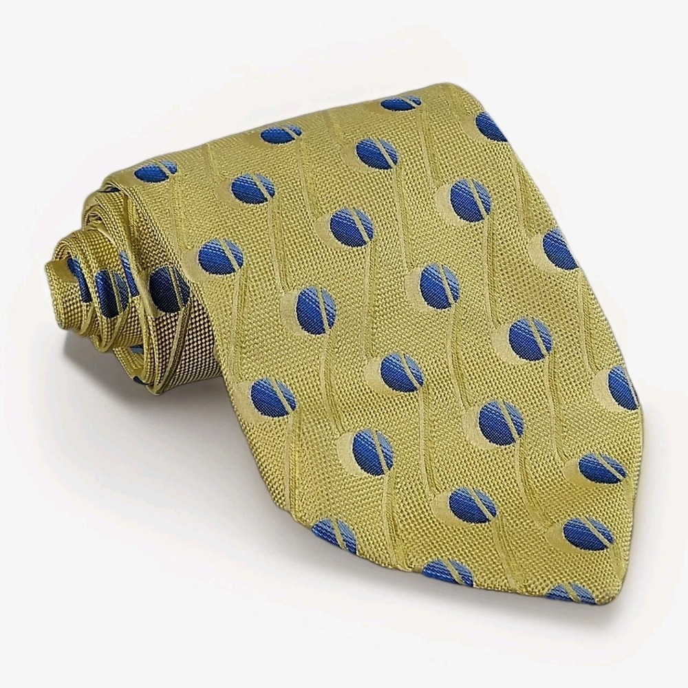 Ermenegildo‎ Zegna 100% Silk Italy Yellow Blue Geometric Tie Jacquard Luxury